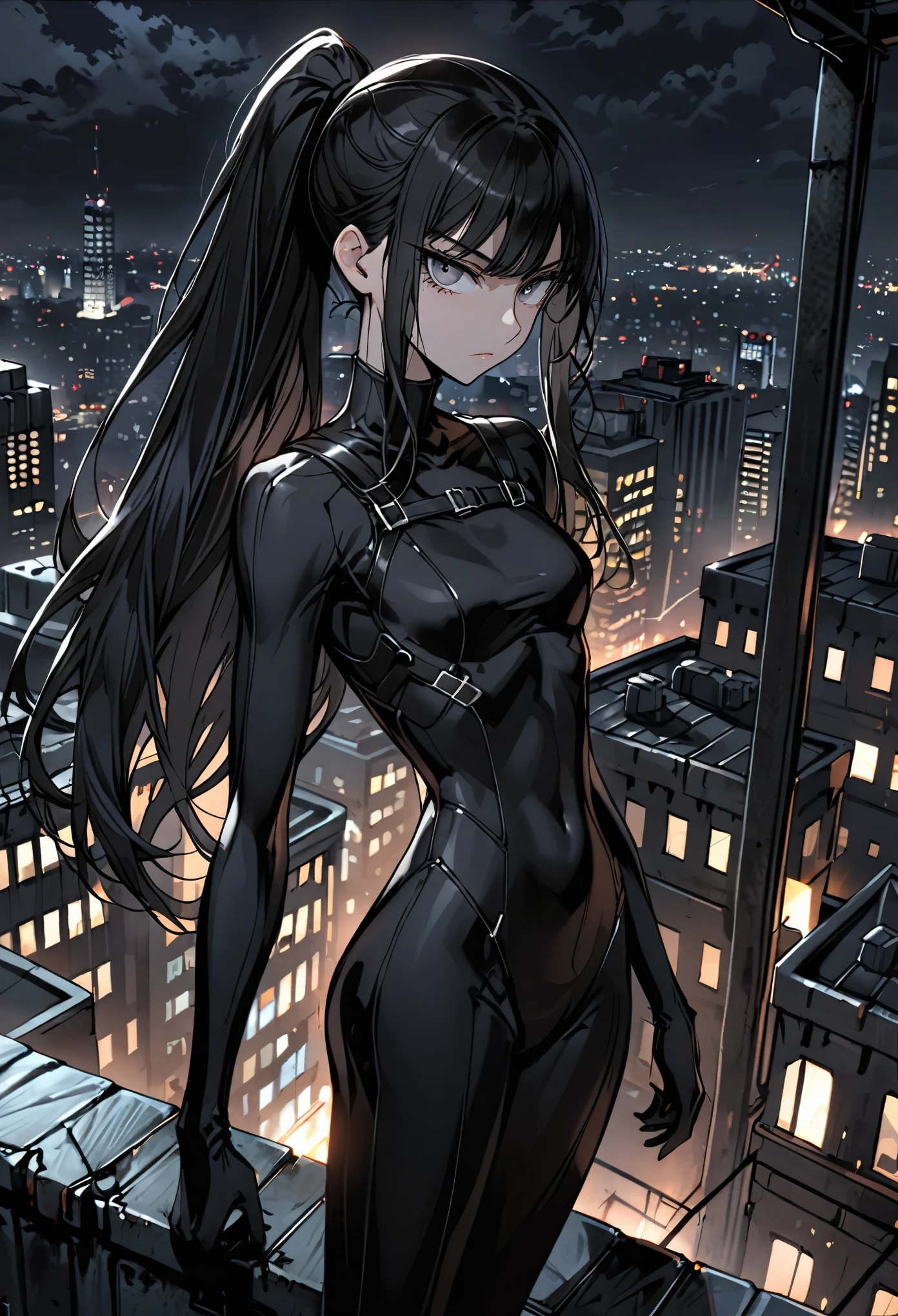 solo, female, sfw, medium shot, long hair, silky hair, straight hair, black hair, grey eyes, black bodysuit, thief, slender, fit, serious, infiltrator, dark, night, city, rooftop, standing, ponytail, abs