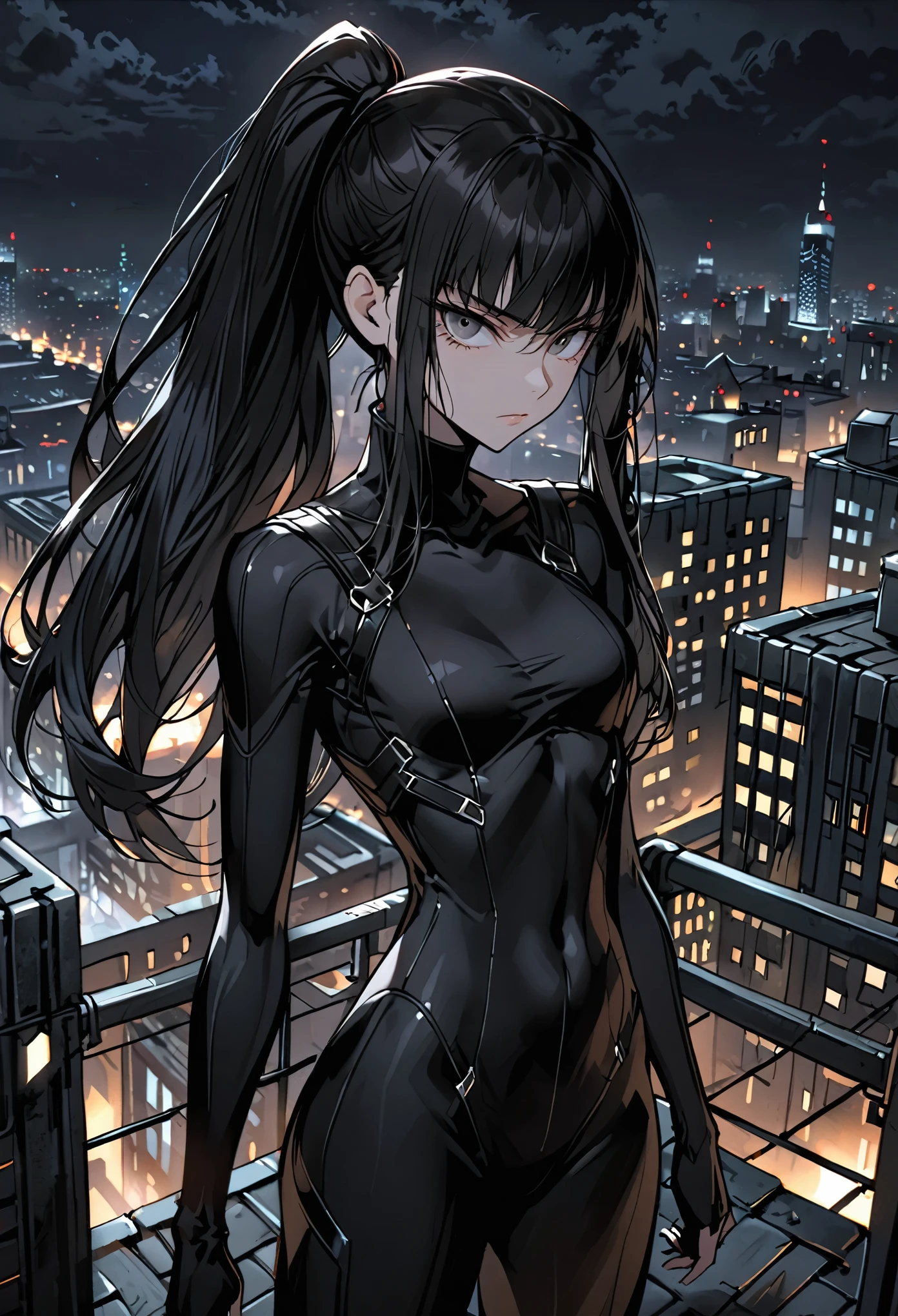 solo, female, sfw, medium shot, long hair, silky hair, straight hair, black hair, grey eyes, black bodysuit, thief, slender, fit, serious, infiltrator, dark, night, city, rooftop, standing, ponytail, abs