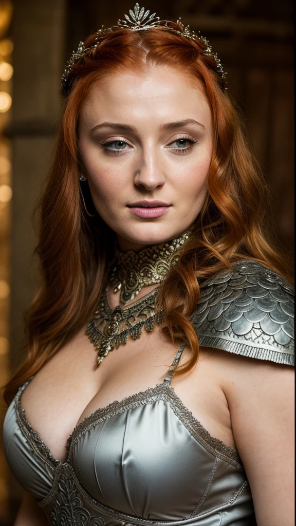 Foto RAW, Sansa Stark, Extremely gorgeous lady, Sansa Stark PLAYED BY Sophie Turner, Full figured woman, heavy physique, voluptuous, curvy, Full figured lady, thick fleshy figure, bulky figure, beautifully styled hair, Queen Sansa Stark, she  a mature woman now, milf, sexy mediaeval battle dress, gladiator woman, body, 45 years old Woman, body revealing costumes, perky breast, alluring figure, big natural breast, mediaeval costumes, mediaeval queen dress, erotic costumes, lusty physique, seductive figure can capture every people's attention, Game of thrones costumes, revealing captivating figure, Mediaeval costumes, revealing clothes, A tomboy, she would rather fence than dance, warrior queen , game of thrones screen caps, Game of Thrones Series, (pele altamente detalhada: 1.2), 8k UHD, DSLR, soft-lighting, alta qualidade, grain of film, Fujifilm XT3