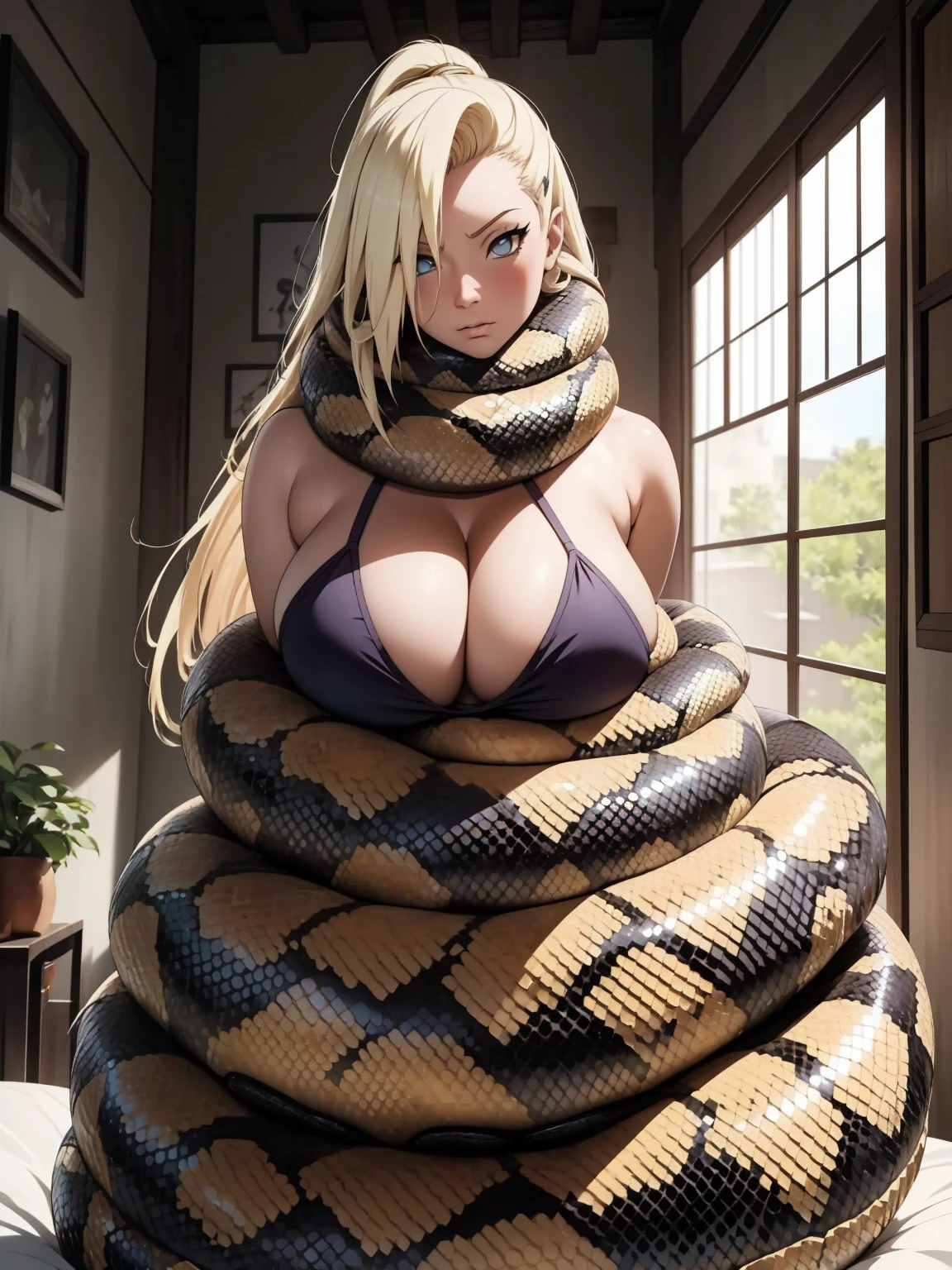 masterpiece, best quality, highres, Yamanaka Ino\(Naruto\), blonde hair, messy hair, long hair, large breasts, unique hair detailed, breasts out, beautiful detailed eyes, cleavage, snake, (coiled), (python), snake scales detailed, restrained, shocked face, bikini, bedroom, masterpiece}}}, {{highly extreme detailed}}, solo, Focus on the girl, anime, Bikini, blush, {orgasm}, {sweaty}, {{python sex}}, (((object insertion))), jangle, spread arms, interspecies, bestiality, (Giant python bestiality, Giant python sex, ((Giant python Rape)), Giant python Rape, Giant python Coils, Passionate Squeeze) (((Giant python coils, Passionate squeeze, ))), coils,((Ino is wrapped around a giant python)), ((giant python rape)), full body, giant python sex, bedroom 