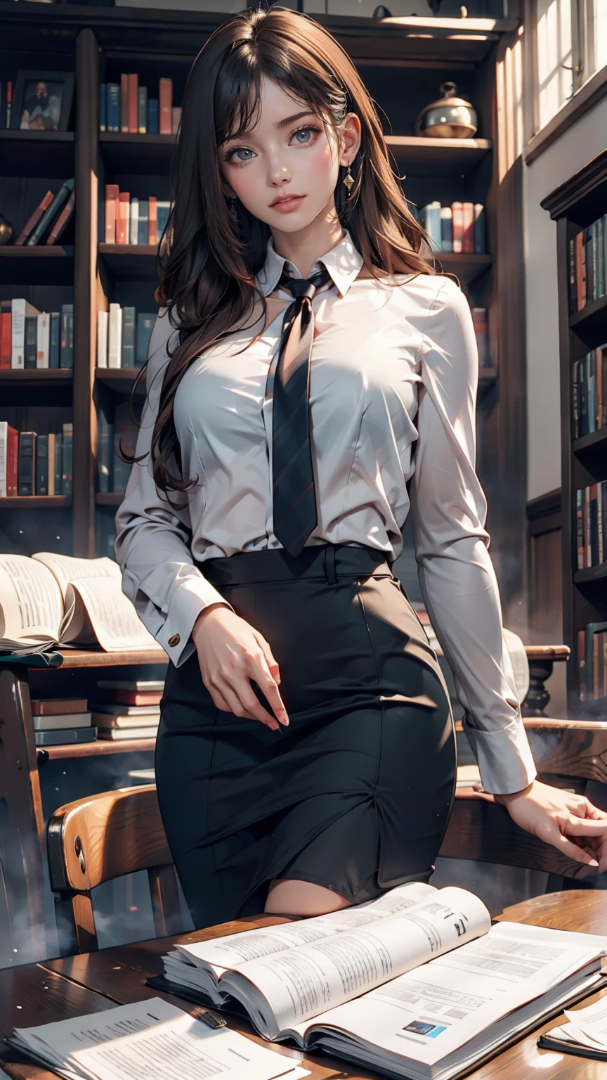 24-year-old woman、Brown Hair、Iris、Tie your hair back、Long eyelashes、Sexy proportions、Narrow waist、mature female body、She came to look for ancient documents for research.、Sheer silk blouse、Pencil Skirt、High heels、Ear Cuff、A dusty second-hand bookstore、Vision、Pick up an old book、