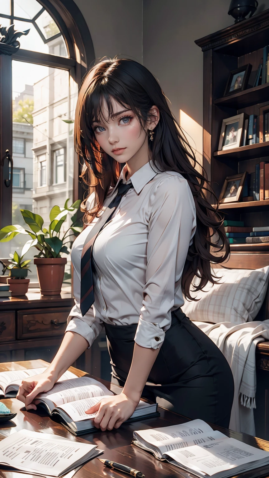 24-year-old woman、Brown Hair、Iris、Tie your hair back、Long eyelashes、Sexy proportions、Narrow waist、mature female body、She came to look for ancient documents for research.、Sheer silk blouse、Pencil Skirt、High heels、Ear Cuff、A dusty second-hand bookstore、Vision、Pick up an old book、