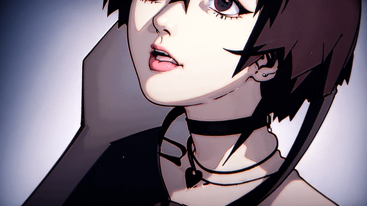 (masterpiece), best quality, expressive eyes, black eyes, perfect face, nana, short hair, black hair, earrings, piercing, lipstick, collar, makeup, ear piercing,cigarete,sadness,sexy,sorrow