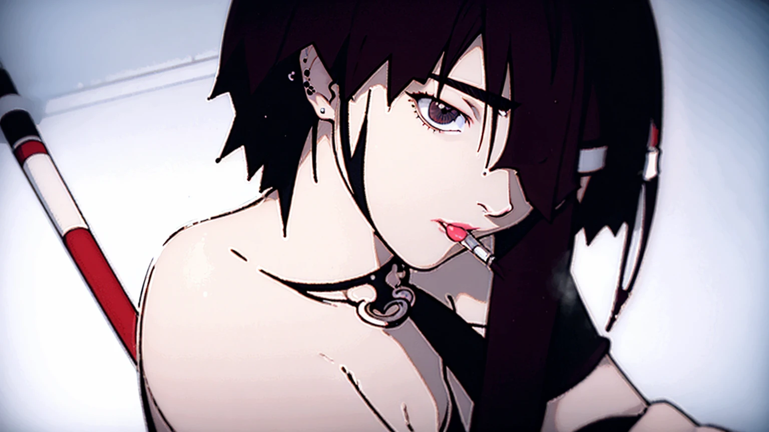 (masterpiece), best quality, expressive eyes, black eyes, perfect face, nana, short hair, black hair, earrings, piercing, lipstick, collar, makeup, ear piercing,cigarete,sadness,sexy,sorrow