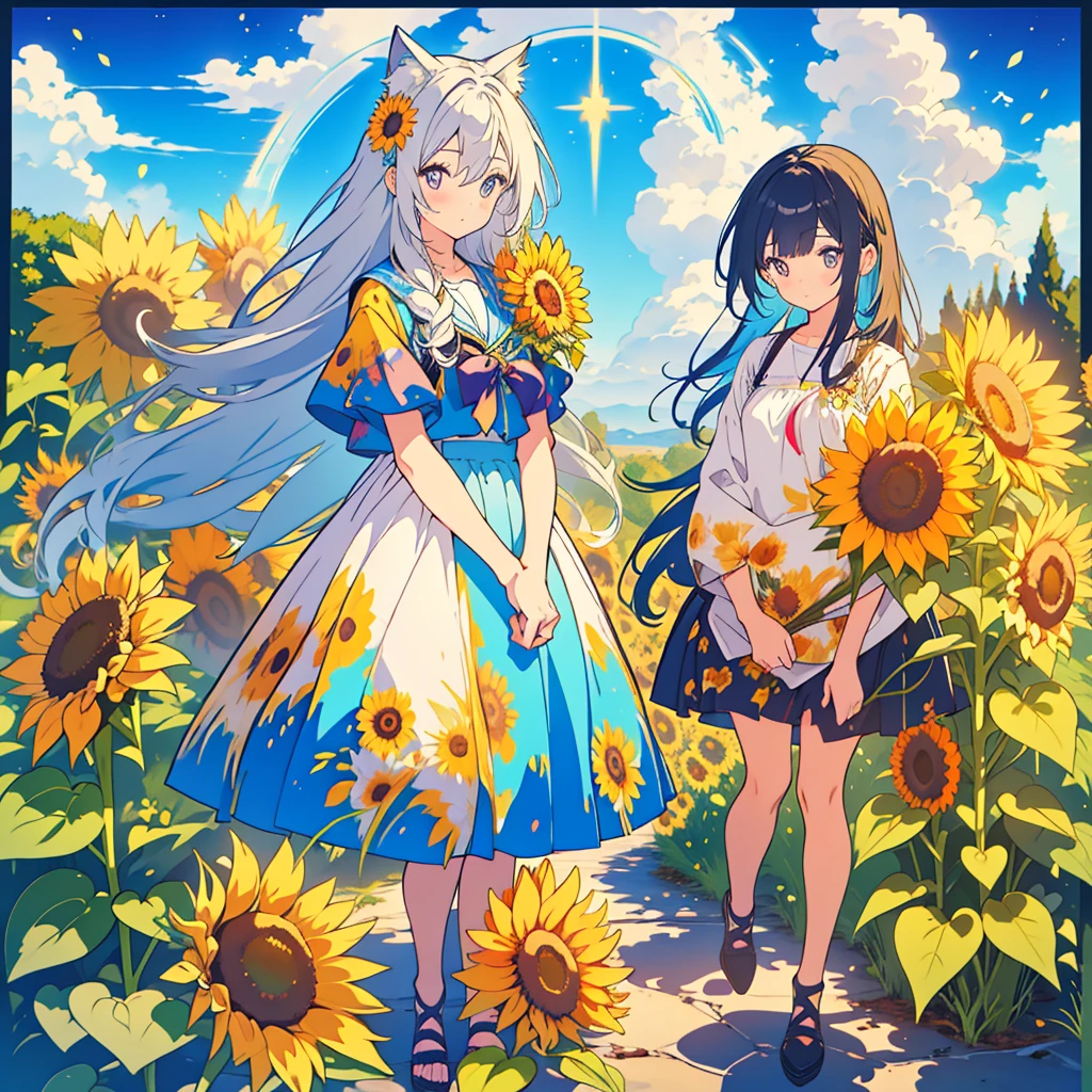 kawaii, anime, Cute, hyper quality, highly detailed, 16k, Front facing, Clarity, full body, one twenty year old woman, stain the whole thing with colorful ink, long silver hair, lapis lazuli eyes, paint color, countless sunflowers, surrounded by sunflowers, Trapped inside a Van Gogh painting, ephemeral, paint, paint, brush, live inside the canvas, art supplies, oil, wonder, mysterious, rainbow colored sunflowers, Richly colored, Brightly colored sunflowers, highlight on eyes, long hair, splattered ink, scribble, countless handwritings, color palette, the bell rings, long hair flowing, Draw eyes clearly, art, taken in by sunflowers,
