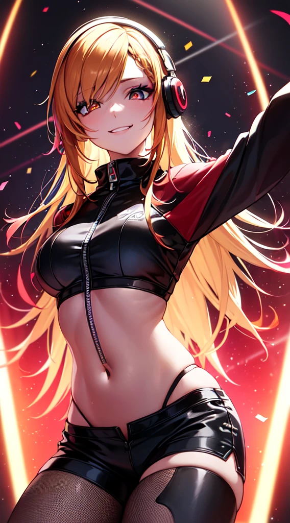 anime girl,short mini red jumpsuit, unzip to belly, headphones,DJ turntable set,club lighting,stage,confetti,dancing,smiling,(best quality:1.2),(ultra-detailed:1.2),(realistic:1.37),HDR,vivid colors,portraits,shorts,headphone girl,energetic pose,colorful lights,stage set,confetti raining,joyful expression,dance floor ,anime style, atmosphere,techno music,electronic dance music,festival vibes,hip hop beats,festival outfit,energetic dance moves,expressive eyes,long braided hairstyle with vibrant blonde color, brown eyes, elaborate makeup neon lights,beaming smile,positive vibes,high-energy performance,stylized backgrounds,colorful visuals,excitement in the air, back view