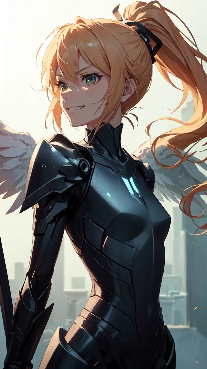 masterpiece, best quality, (detailed anime, video game art, extremely detailed CG unity 8k wallpaper), (best quality), (best illustration), (best shadow), absurdres, realistic lighting, (Abyss), beautiful detailed glow, anime, solo, 1girl, upper body shot, (mordred:0.89), female, feminine, blonde hair, green eyes, ponytail, tomboy, long hair, (dynamic pose, attack stance, angel warrior,black aura angel wings, smirk:1.03), messy hair, royalty warrior, soldier, vicious expression, grin, death glare, kubrick stare, perspective view, (\ ( three quarter profile \ ):0.89), sleek black angular armor, futuristic, war, flames, torrent, burning cape, broken cape, capelet, shoulder cape