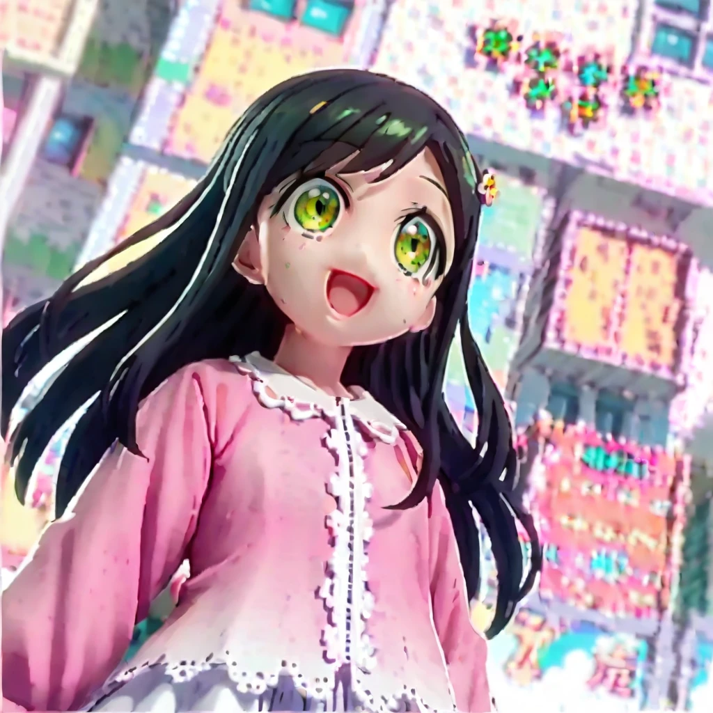 masterpiece, ultra detailed, 8K, solid blue Skyscrapers background, full body shot, Angle looking up from below.happy, a girl, kawaii, light atmosphere, mysterious atmosphere, (Cute a mesugaki girl:1.5), (a girl with closs hair pin,pale purple hair,wavy two braids,bluntbangs hair,green and black eyes,
pink shirt,cosplay, jirai kei, bangs, black skirt, black bow, looking at viewer, bow, long sleeves, choker, ribbon,pink lips,Thick-soled boots,fullbody shot :1.4),A mischievous smile, fangs, licking lips,
(masterpiece:1.3), anime visual, (Lovey-dovey:1.5), (tilt head:1.3), extremely delicate face, soft clean focus, realistic lighting and shading, (an extremely delicate and beautiful art:1.3), elegant, (muted colors:1.1), small breast,slim,(On a rainy day, walking through Shibuya with a black lace umbrella:1.5), expressionless,