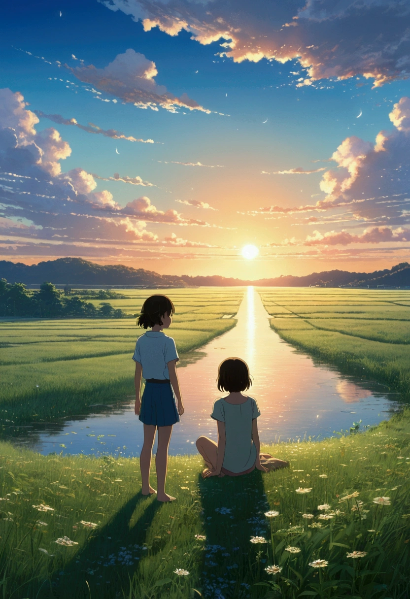 Makoto Shinkai Taste, Beautiful sky, Barefoot girl,Romantic Landscape, Healing scenes, Light pours in,hope, Makoto Shinkai Taste,Detailed Description, Sunset, A grand expanse,The sky sparkles like stars, Sublime, prayer,butterfly,