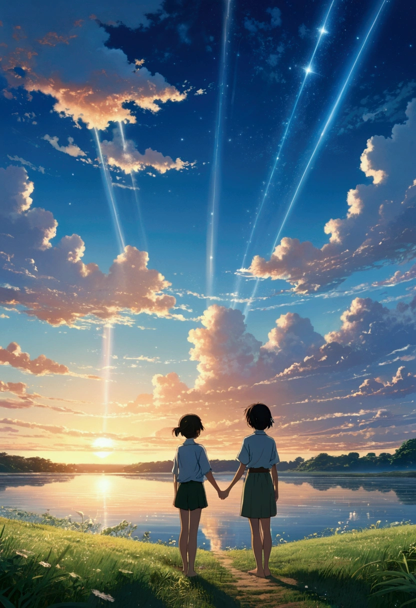 Makoto Shinkai Taste, Beautiful sky, Barefoot girl,Romantic Landscape, Healing scenes, Light pours in,hope, Makoto Shinkai Taste,Detailed Description, Sunset, A grand expanse,The sky sparkles like stars, Sublime, prayer,butterfly,