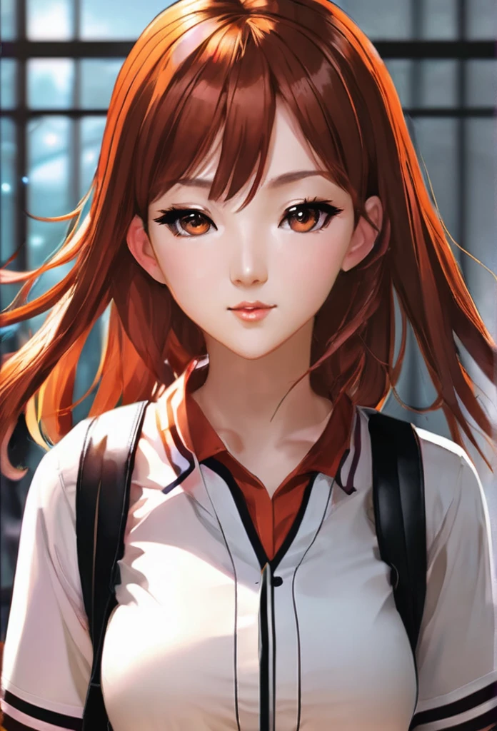 ((highest quality、masterpiece、shining eyes、detailed))、1 cute girl、beautiful face、pop background、beautiful anime、1girl、young girl、 solo、long hair、cute bangs、 (forehead:1.2)、light brown、(Orange redhead hair)、 athletic、 neutral、 (baseball shirt、black with white lines 、 open:1.2)、Dark red shirt、 black leather shorts、Fishnet tights、 from below、elegant、 looking at viewer、standing、Isometric light、 (close-up to face:1.3)、4k