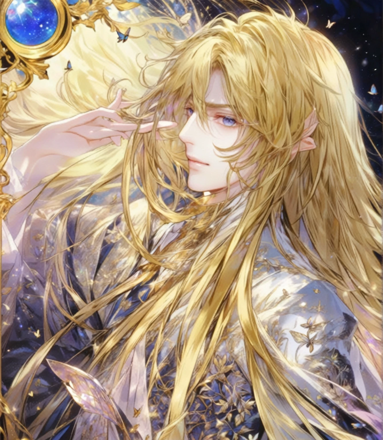 Close-up of a long-haired person and butterflies, Portrait of the Magical Blonde Prince, ((Beautiful Fantasy Empress)), Beautiful androgynous prince, A delicate androgynous prince, anime key visual of elegant, Long, flowing, gorgeous blonde hair, Anime Art Nouveau Space Display, Detailed Key Anime Art, Shadowverse Style, Flowing hair and long robes