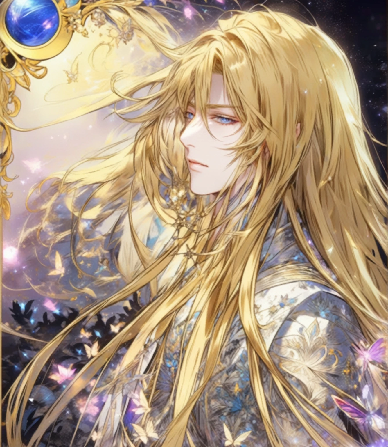 Close-up of a long-haired person and butterflies, Portrait of the Magical Blonde Prince, ((Beautiful Fantasy Empress)), Beautiful androgynous prince, A delicate androgynous prince, anime key visual of elegant, Long, flowing, gorgeous blonde hair, Anime Art Nouveau Space Display, Detailed Key Anime Art, Shadowverse Style, Flowing hair and long robes