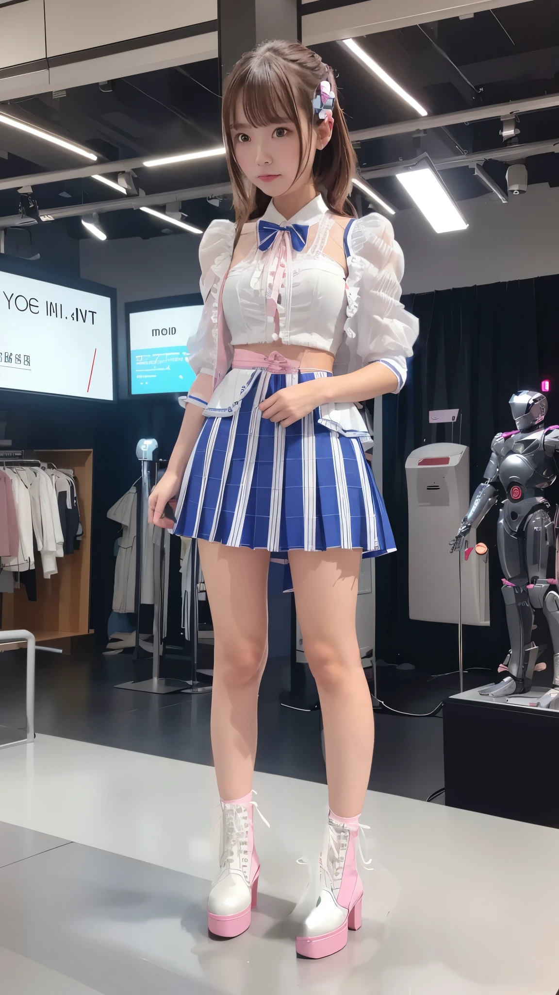 Costume like a idol, blue and white half sleeve Jacket, pink satin ruffled blouse, White and pink stripe pleated skirt, white lace up boots
