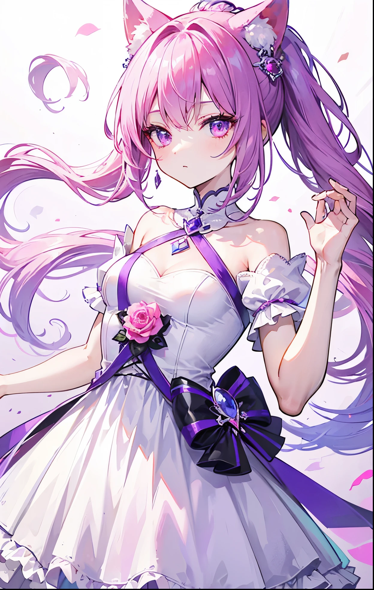 Light white dress with pink and purple color,Purple and pink long ponytail,Pink Purple Eyes,Gentle and coquettish princess,Bright and glossy color,Crystal clear,slim
