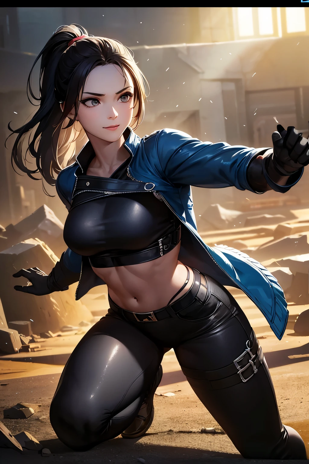 8K,younger sister,so beautiful(Like the real thing),Toned, muscular body,sexy,clear narrow eyes,black eye,Cool smile,Blue combat jacket,Black Shirt,Black combat pants,short,Compensate,Ultra-Realistic Skin,compensate,masterpiece,Photorealistic RAW photos of the highest quality。Bright colors,Rich colors, Backlight, Cinema Lighting, Film Grain, 50mm lens, Nikon D850,Detailed character art,Fantasy art,Ultra-high resolution,Ultra-Realistic Skin,Perfect hand shape,In front of the abandoned temple,Beautiful expression,close,Very small breasts,Muscular Beauty,Dynamic fighting pose,ponytail,fist,