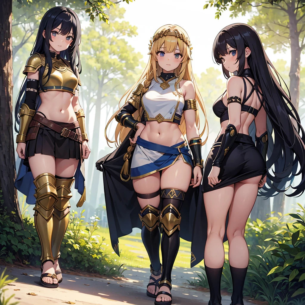 greek warriors womans in togas , only girls , forest in the background , light armor , elbow pads, knee pads, shoulder pads, black armor , sandals , sexy, exposed belly, muscular girl, defined abdomen,stomach, multiple girls, looking at viewer , long hair, bare shoulders, outdoors, sandals