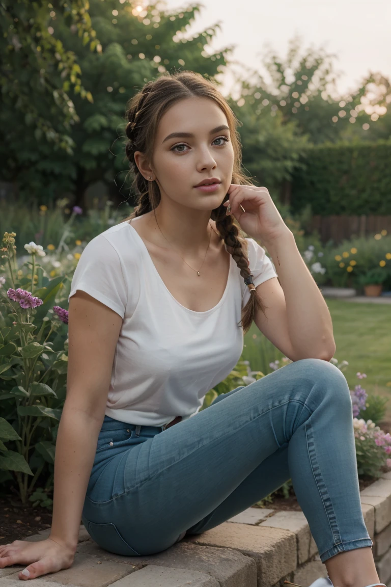 a young woman, in a white top, full body , beautiful detailed eyes, beautiful detailed lips, wears long, Wears light brown tight jeans with holes in the jeans, her hair is braided, it is evening, is in the garden with flowers, her hair is tied together
