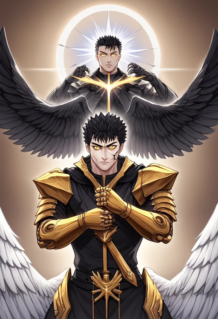 1man, adult, angel, pale skin, black hair, very short hair, white hairlocks, golden eyes, broken face, crack on the face, radiance coming from the crack, missing eye, black wings, eyed wings, bird legs, black robes, golden details, golden shoulder pads, golden prothesis in right hand, clawsprothesis, great sword on hands, eclipse, fullbody, anime style, (masterpiece), best quality,
