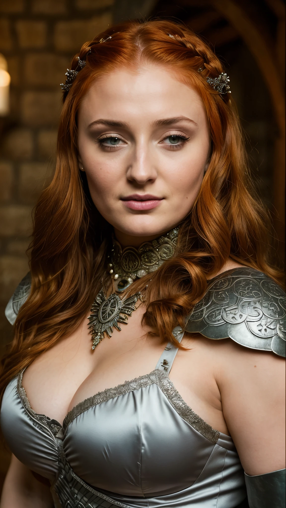 Foto RAW, Sansa Stark, Extremely gorgeous lady, Sansa Stark PLAYED BY Sophie Turner, Full figured woman, heavy physique, voluptuous, curvy, Full figured lady, thick fleshy figure, bulky figure, beautifully styled hair, Queen Sansa Stark, she  a mature woman now, milf, sexy mediaeval battle dress, gladiator woman, body, 45 years old Woman, body revealing costumes, perky breast, alluring figure, big natural breast, mediaeval costumes, mediaeval queen dress, erotic costumes, lusty physique, seductive figure can capture every people's attention, Game of thrones costumes, revealing captivating figure, Mediaeval costumes, revealing clothes, A tomboy, she would rather fence than dance, warrior queen , game of thrones screen caps, Game of Thrones Series, (pele altamente detalhada: 1.2), 8k UHD, DSLR, soft-lighting, alta qualidade, grain of film, Fujifilm XT3