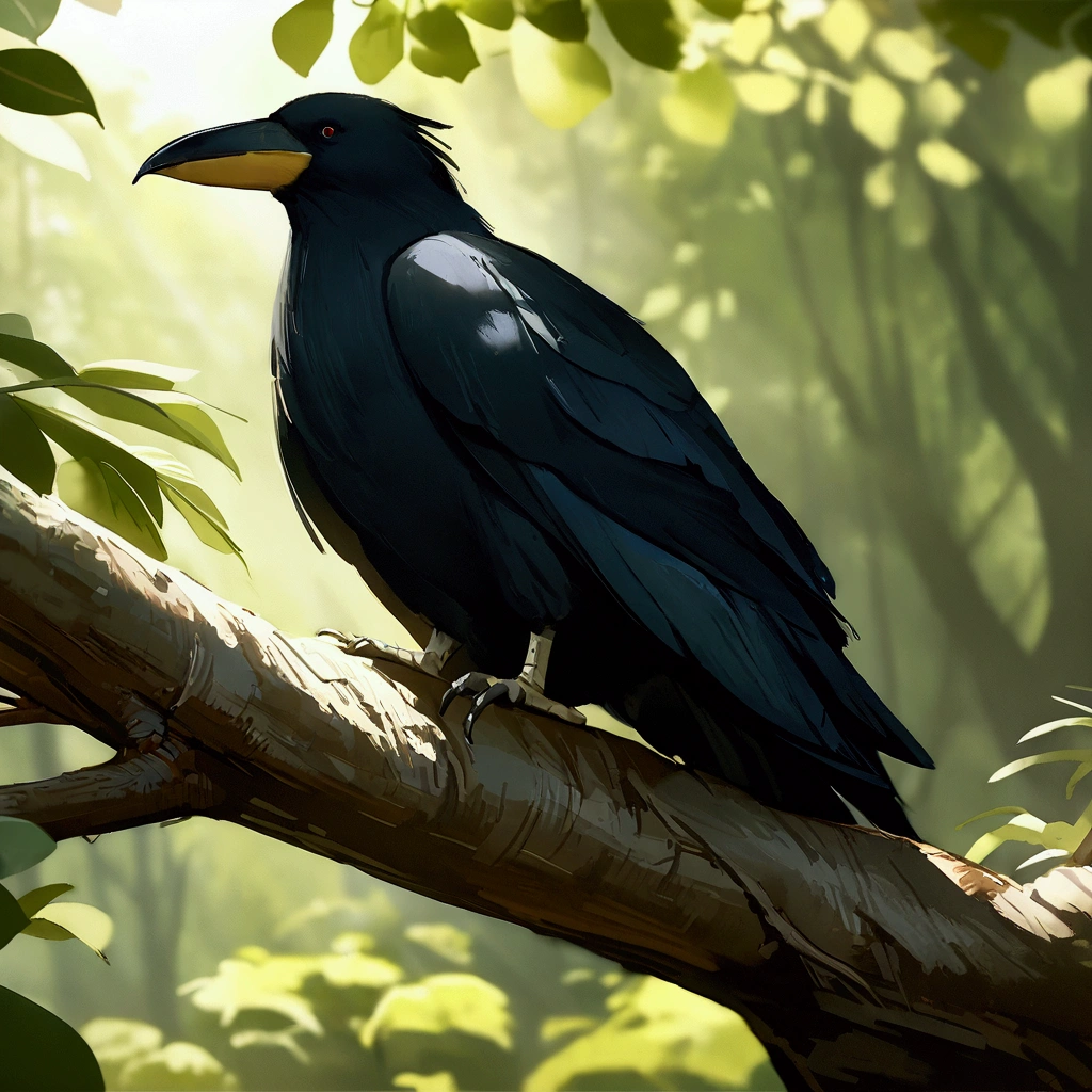 Masterpiece artwork, best qualityer, film still image, (realisitic, photorrealistic: 1,4), (Cyanocorax cristatellus - cerrado crow), lodge on a branch, close-up, bright crest, soft, warm lighting, forest canopy, (softshadows: 0,7)