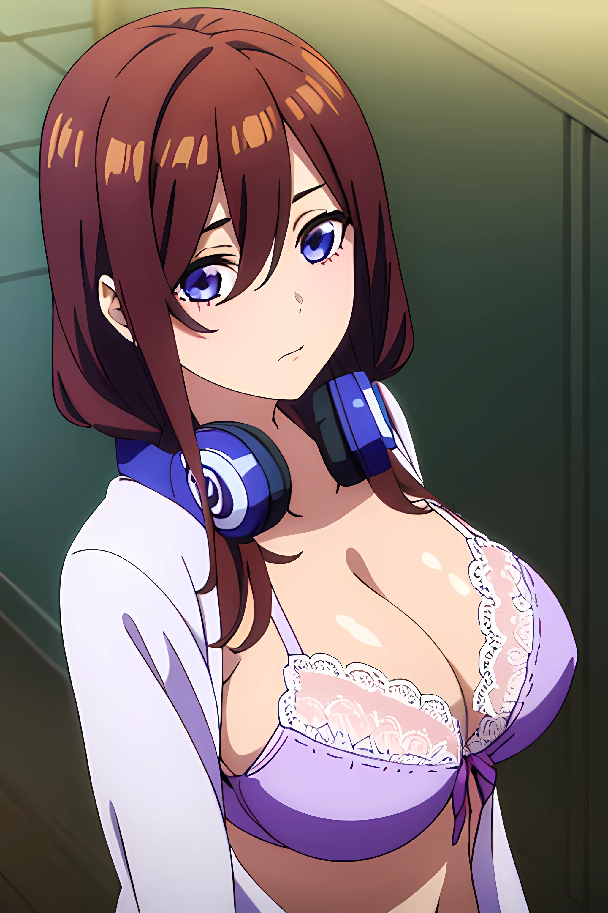 masterpiece:1.2, best quality), (finely detailed beautiful eyes: 1.2), (extremely detailed CG unity 8k wallpaper, masterpiece, best quality, ultra-detailed), (masterpiece, best quality:1.2), 1girl, female solo, medium breasts, rounded breasts, shining breasts, perfect eyes, perfect face, perfect body, seductive, looking at viewer, cleavage, miku nakano, long hair, bangs, blue eyes, brown hair, shirt, hair between eyes, headphones, cardigan, headphones around neck, light purple lace bra, light purple lace panties, light purple lace lingerie, sexy,