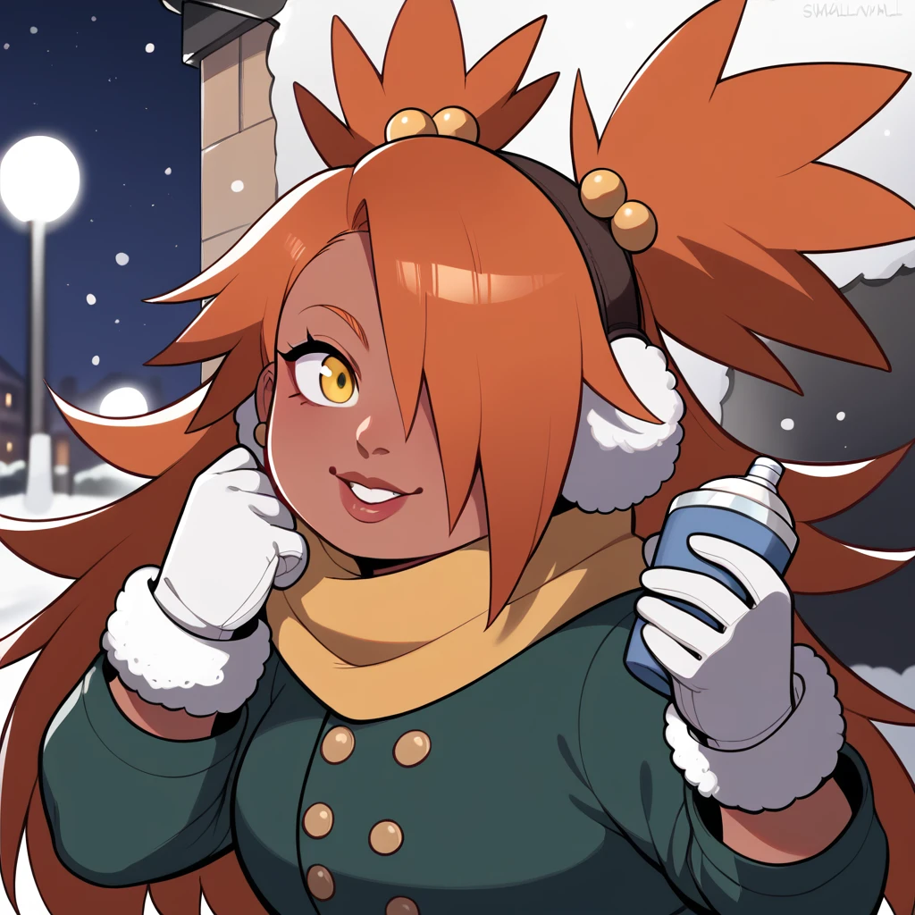 score_9, score_8_up, score_7_up, score_6_up, score_5_up, score_4_up, source_anime, rating_safe, BREAK chouchou akimichi,1girl,dark-skinned female,curvy,orange hair,hair over one eye,two side up,long hair,yellow eyes,hair bobbles,jewelry,earrings,big breats,night,brown winter ear muffs,yellow scarf,green winter jacket,white winter shirt,black winter jeans,sunglasess,winter background,winter gloves