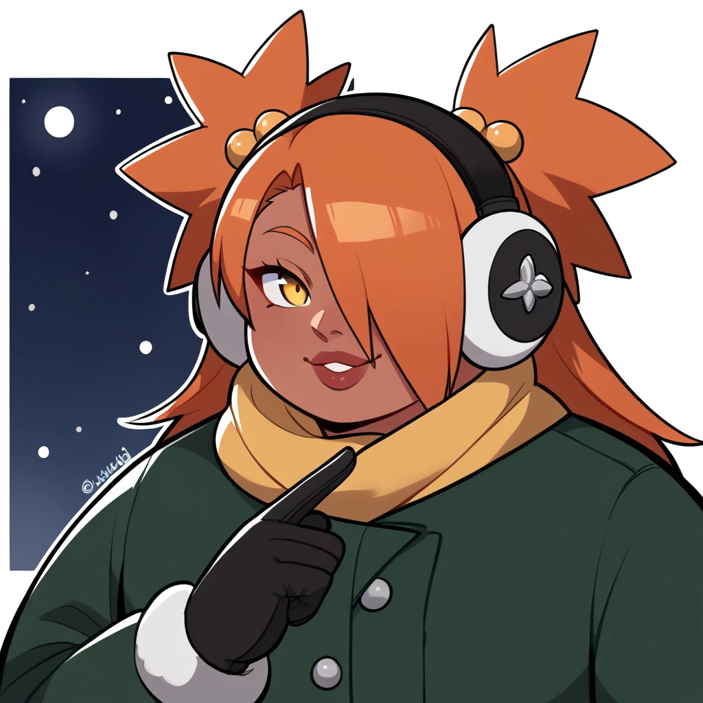 score_9, score_8_up, score_7_up, score_6_up, score_5_up, score_4_up, source_anime, rating_safe, BREAK chouchou akimichi,1girl,dark-skinned female,curvy,orange hair,hair over one eye,two side up,long hair,yellow eyes,hair bobbles,jewelry,earrings,big breats,night,brown winter ear muffs,yellow scarf,green winter jacket,white winter shirt,black winter jeans,sunglasess,winter background,winter gloves