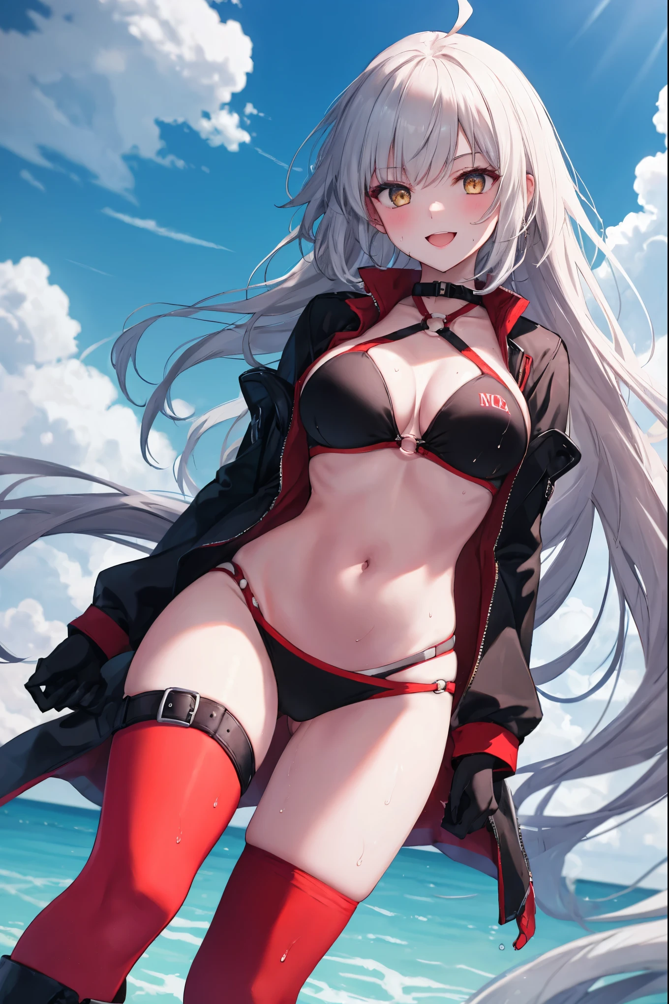 masterpiece, best quality, 1girl, , silver hair, ahoge, gold_eyes, shaggy_long_hair,,large_tits, , blue sky,covered_groin,covered_nipples,solo,young_,,open_legs,knee_boots,crotch_armor,cowboy_shot,crotch, asymmetrical legwear, long hair, bikini, black bikini, black gloves, gloves, long sleeves, navel, o-ring, o-ring bikini, o-ring bottom, o-ring top, puffy long sleeves, puffy sleeves, red legwear, single thighhigh, swimsuit, thigh strap, thighhighs, uneven legwear,smile,nihil,open_mouth,angry,oil,wet,sweat,grhn,(angry:0.7)