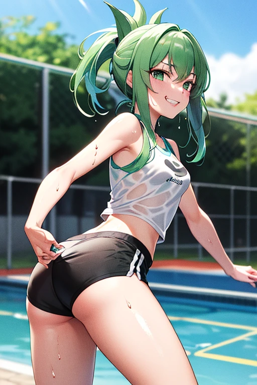 Green hair, folded ponytail, fine eyes, green eyes, masterpiece, sweat, soaked, best quality, hi-res, solo, wicked grin, ass facing you, running action and elegance, white sports short shorts, wet pants, white running shirt, wet shirt, sleeveless, braless, big, park, outdoor (en bikini) ("camisa mojada y de frente de la cámara") (en bikini ) (" mostrando tetas")( "su bikini transparente ")(( sin ropa interior)) (*tocandose una teta*)(("bikini pequeño más pequeño y trasparente")) (("posé sexy sacando la lengua"))  ((" en bikini blanco trasparente")) , ((*short más pequeño y blanco transparente")) ((camisa muy pequeña y sexy y color blanco transparente y se note las  tetas))