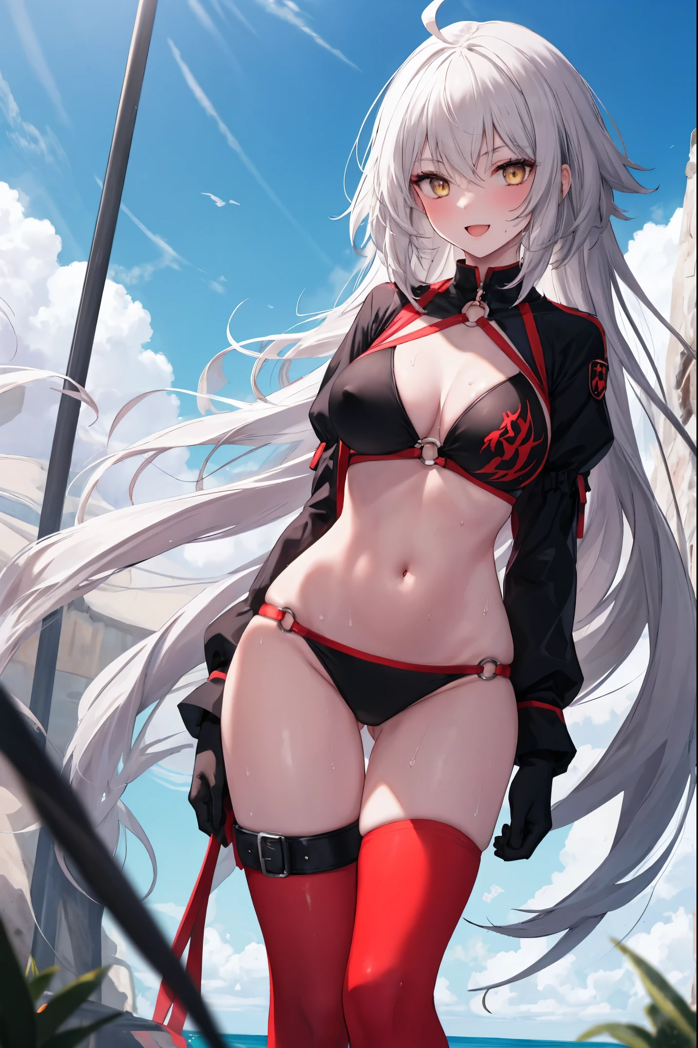 masterpiece, best quality, 1girl, , silver hair, ahoge, gold_eyes, shaggy_long_hair,,large_tits, , blue sky,covered_groin,covered_nipples,solo,young_,,open_legs,knee_boots,crotch_armor,cowboy_shot,crotch, asymmetrical legwear, long hair, bikini, black bikini, black gloves, gloves, long sleeves, navel, o-ring, o-ring bikini, o-ring bottom, o-ring top, puffy long sleeves, puffy sleeves, red legwear, single thighhigh, swimsuit, thigh strap, thighhighs, uneven legwear,smile,nihil,open_mouth,angry,oil,wet,sweat,grhn,(angry:0.7)