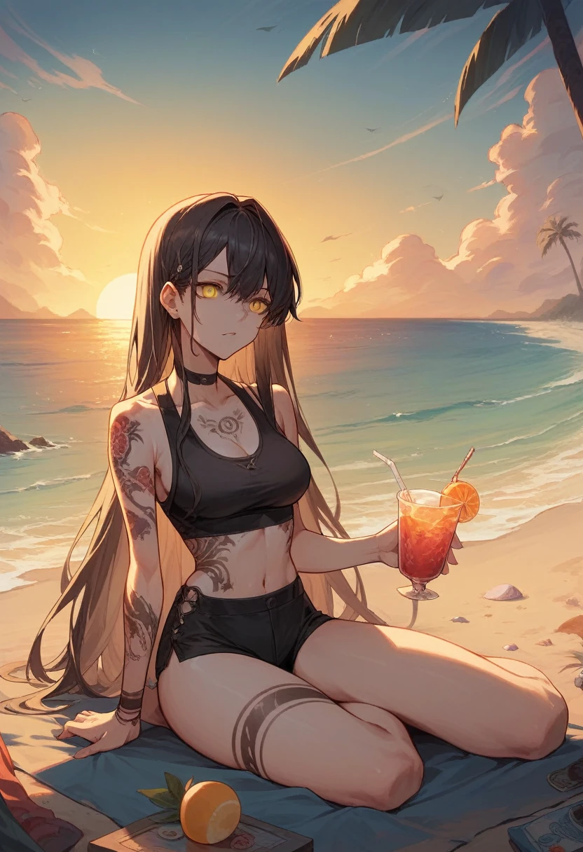 comic,anime,girl, black long hair, yellow eyes, 4k , high detaiked, masterpiece, Beach on the background with weaves, fine sand, sunrise,tattoo, holoding a drink in the hand