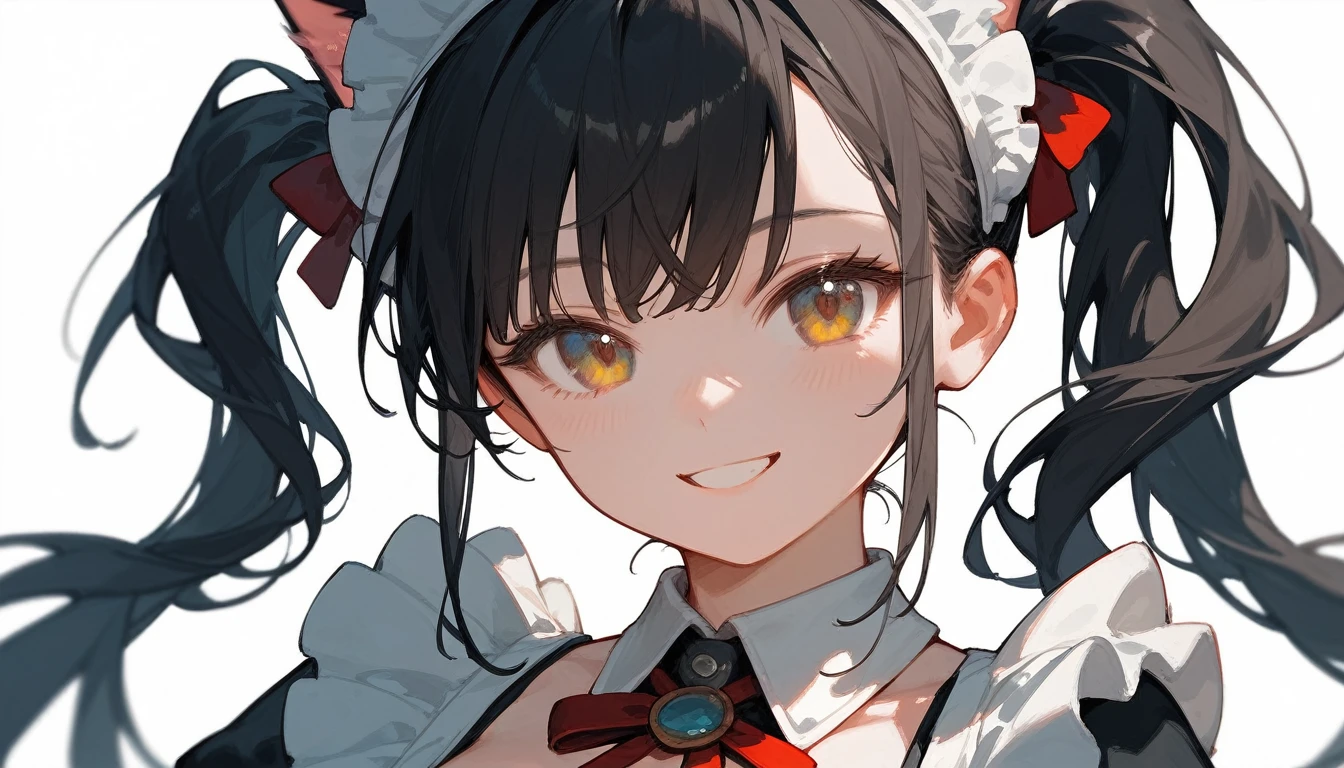 masterpiece, best quality, 1girl, white background, simple background, (maid:1.1), upper body, twintails, cat ears, looking at viewer, smiling, large breasts, standing