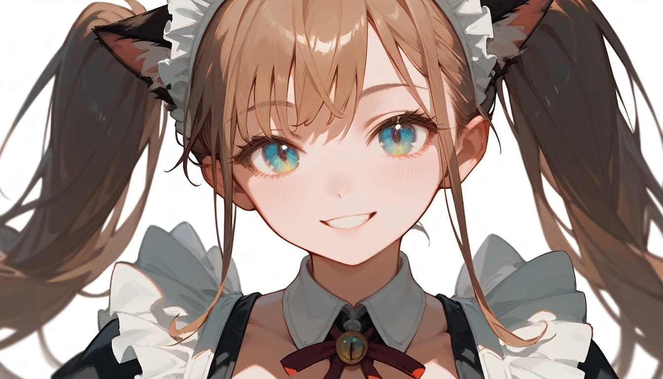 masterpiece, best quality, 1girl, white background, simple background, (maid:1.1), upper body, twintails, cat ears, looking at viewer, smiling, large breasts, standing