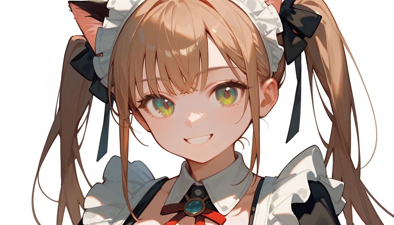 masterpiece, best quality, 1girl, white background, simple background, (maid:1.1), upper body, twintails, cat ears, looking at viewer, smiling, large breasts, standing