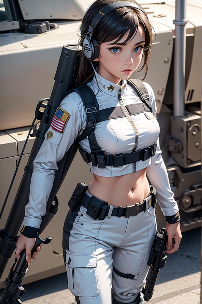 Woman in white holding a rifle and wearing headphones, 24 year old woman, young soldier, mechanized young soldier, Military Girl, beautiful female soldier, Female lead character, Military Girlราบ, Girl's sniper at war, solo female character, Future combat equipment, Half-body close-up, Woman wearing military bulletproof crop top, Show navel, Wear tactical equipment, Wear tactical armor., (realistic navel shape)