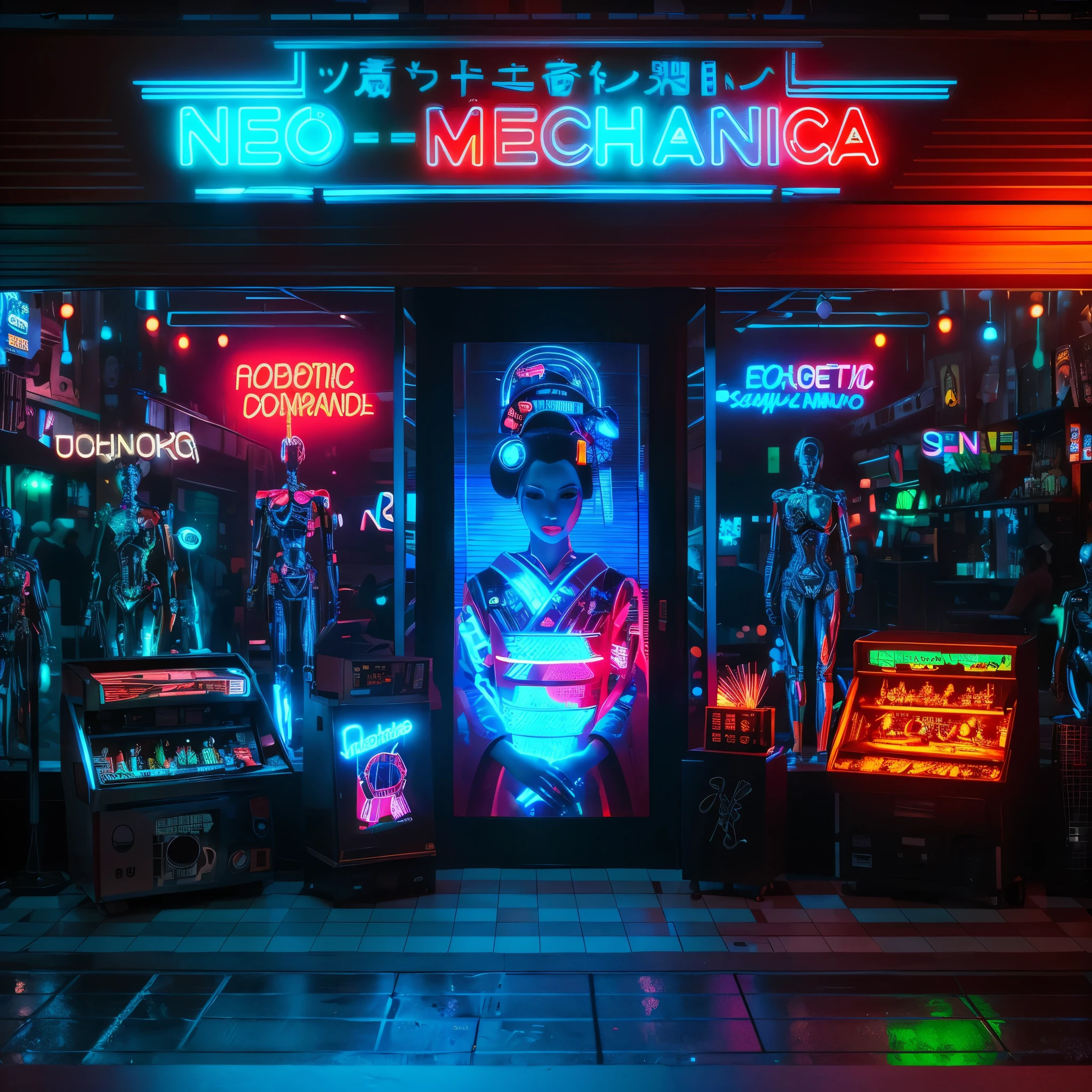 A neon-lit retrofuturistic street, Neo-Mechanica shop, robotic geisha mural, chrome mannequins, vintage arcade cabinets, robotic companions, checkerboard floor, robotic DJ, cybernetic humans and robots, cybernetic clerk, clanking metal, holographic price tags, digital voices, (best quality,4k,8k,highres,masterpiece:1.2),ultra-detailed,(realistic,photorealistic,photo-realistic:1.37),cyberpunk,synthwave,neon,chrome,holographic,pixelated,retro-futuristic,cinematic lighting