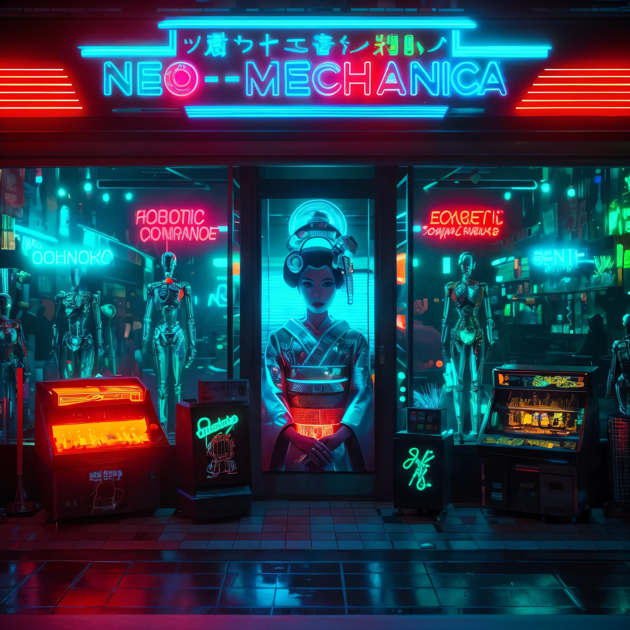 A neon-lit retrofuturistic street, Neo-Mechanica shop, robotic geisha mural, chrome mannequins, vintage arcade cabinets, robotic companions, checkerboard floor, robotic DJ, cybernetic humans and robots, cybernetic clerk, clanking metal, holographic price tags, digital voices, (best quality,4k,8k,highres,masterpiece:1.2),ultra-detailed,(realistic,photorealistic,photo-realistic:1.37),cyberpunk,synthwave,neon,chrome,holographic,pixelated,retro-futuristic,cinematic lighting