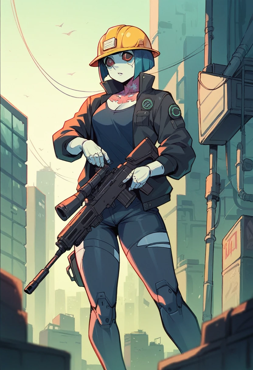female robot,gothic,wearing a hard hat,holding a rifle,city cyberpunk 