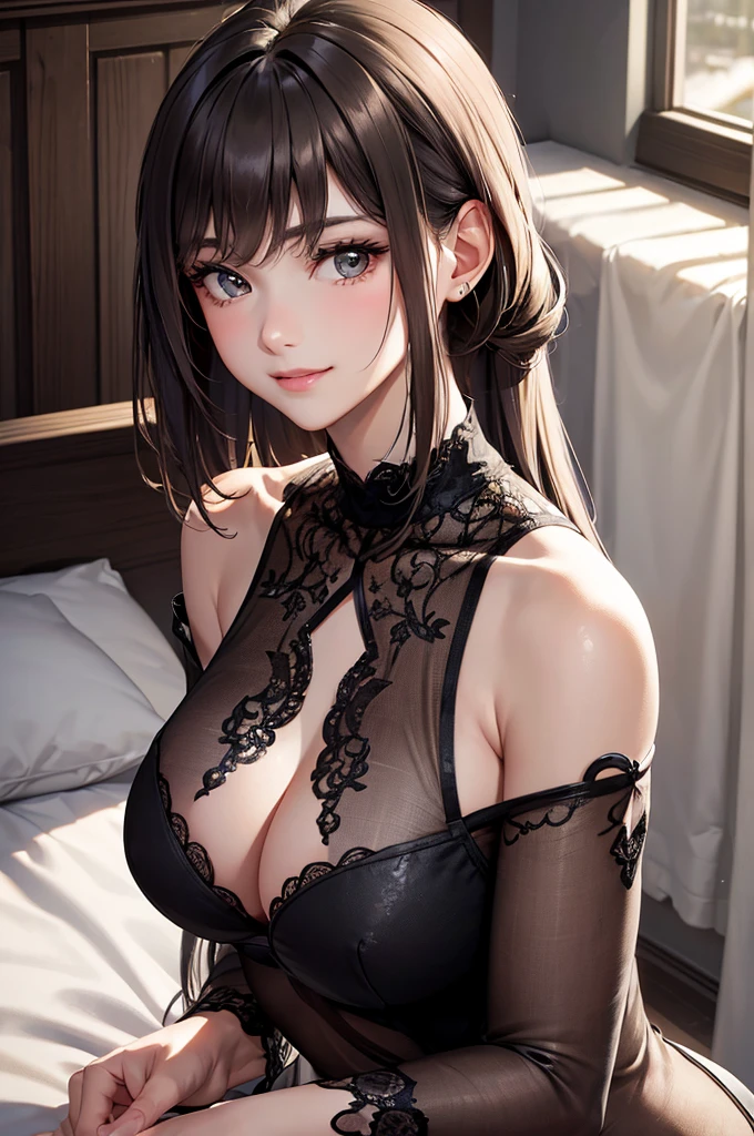 Best Quality,High resolution,8K,finelity detailed background,Masterpiece:1.2),beautiful girl,Shiny brown hair,crossed bangs,Brown eyes,Gentle look,A refreshing look,smile,Best quality,Best Quality,Aesthetic and aesthetic:1.2,Best details((Super detailed))(High-definition CG illustrations),Upper Body,Dark grey underwear, (dark gray,intricate lace),Slender body,night,moon,Bedroom,On the bed,smile,blush,cute,Scrounge,Looking up,Being spoiled,super model,wariza,shoot from,below