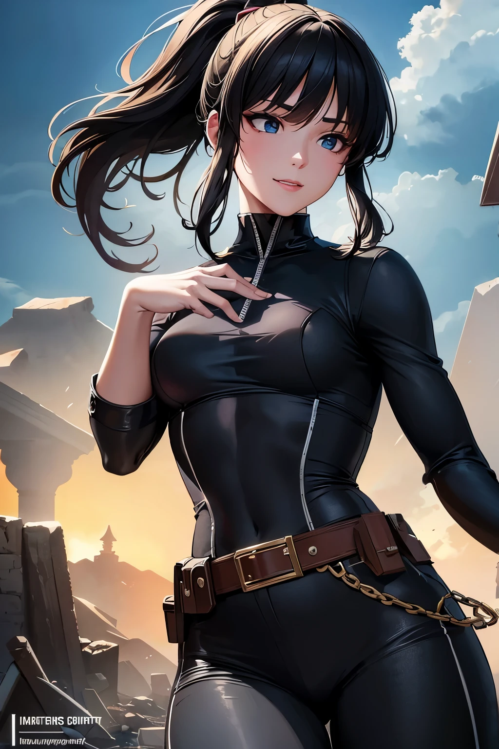 8K,younger sister,so beautiful(Like the real thing),Toned, muscular body,sexy,clear narrow eyes,black eye,Cool smile,Blue combat jacket,Black Shirt,Black combat pants,short,Compensate,Ultra-Realistic Skin,compensate,masterpiece,Photorealistic RAW photos of the highest quality。Bright colors,Rich colors, Backlight, Cinema Lighting, Film Grain, 50mm lens, Nikon D850,Detailed character art,Fantasy art,Ultra-high resolution,Ultra-Realistic Skin,完璧なhandの形,In front of the abandoned temple,Beautiful expression,close,Very small breasts,Muscular Beauty,Dynamic fighting pose,ponytail,hand,