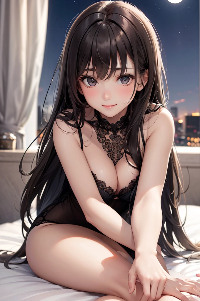 Best Quality,High resolution,8K,finelity detailed background,Masterpiece:1.2),beautiful girl,Shiny brown hair,crossed bangs,Brown eyes,Gentle look,A refreshing look,smile,Best quality,Best Quality,Aesthetic and aesthetic:1.2,Best details((Super detailed))(High-definition CG illustrations),Upper Body,Dark grey underwear, (dark gray,intricate lace),Slender body,night,moon,Bedroom,On the bed,smile,blush,cute,Scrounge,Looking up,Being spoiled,super model,wariza,shoot from,below