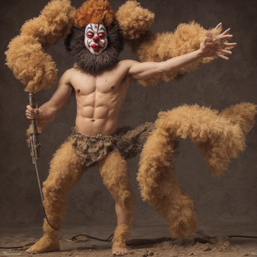 figure composed with fur arms and dust legs, poised plalm of a clown, clowncore, wired lightframes postapocalypse
