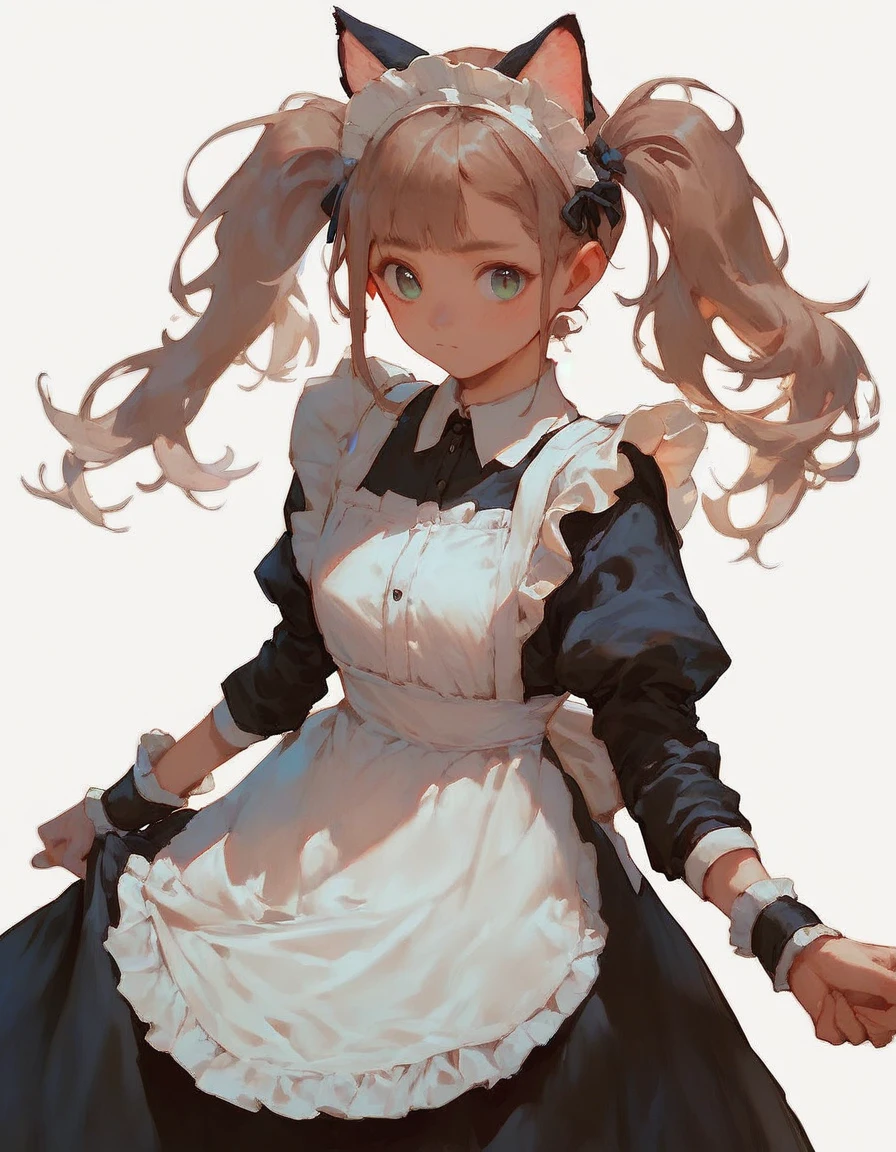masterpiece, best quality, 1girl, white background, simple background, (maid:1.1), twintails, cat ears, cute, standing
