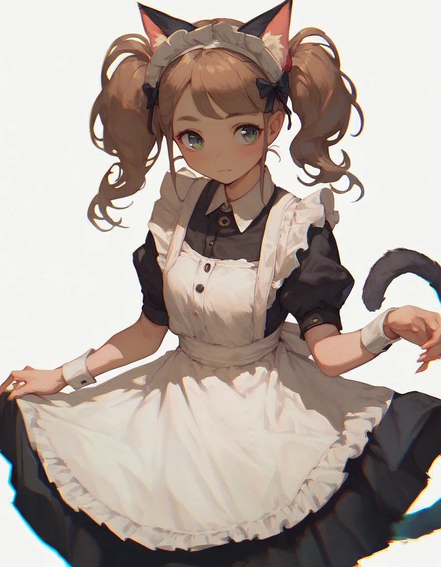 masterpiece, best quality, 1girl, white background, simple background, (maid:1.1), twintails, cat ears, cute, standing