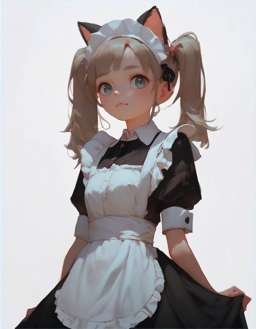 masterpiece, best quality, 1girl, white background, simple background, (maid:1.1), twintails, cat ears, cute, standing
