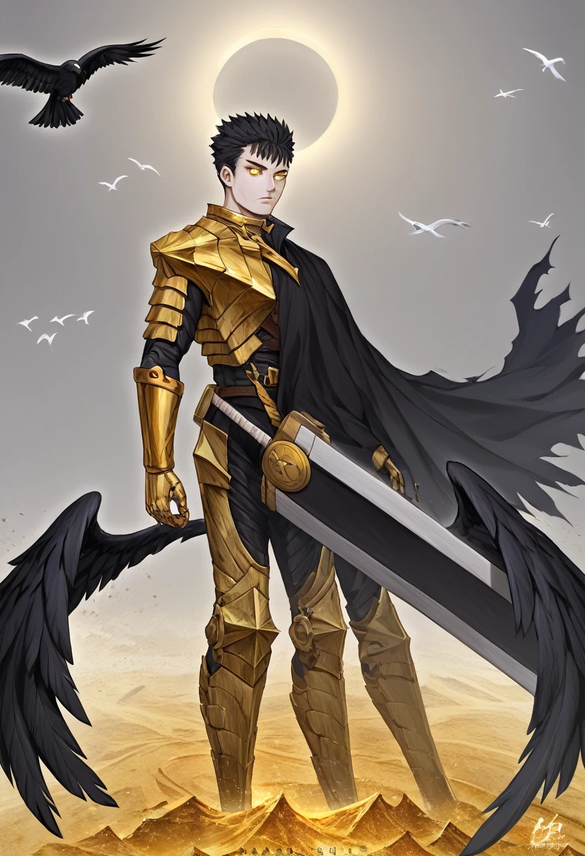 1man, adult, angel, pale skin, black hair, very short hair, white hairlocks, golden eyes, broken face, crack on the face, radiance coming from the crack, missing eye, black wings, eyed wings, bird legs, black robes, golden details, golden shoulder pads, golden prothesis in right hand, clawsprothesis, great sword on hands, eclipse, fullbody, anime style, (masterpiece), best quality,
