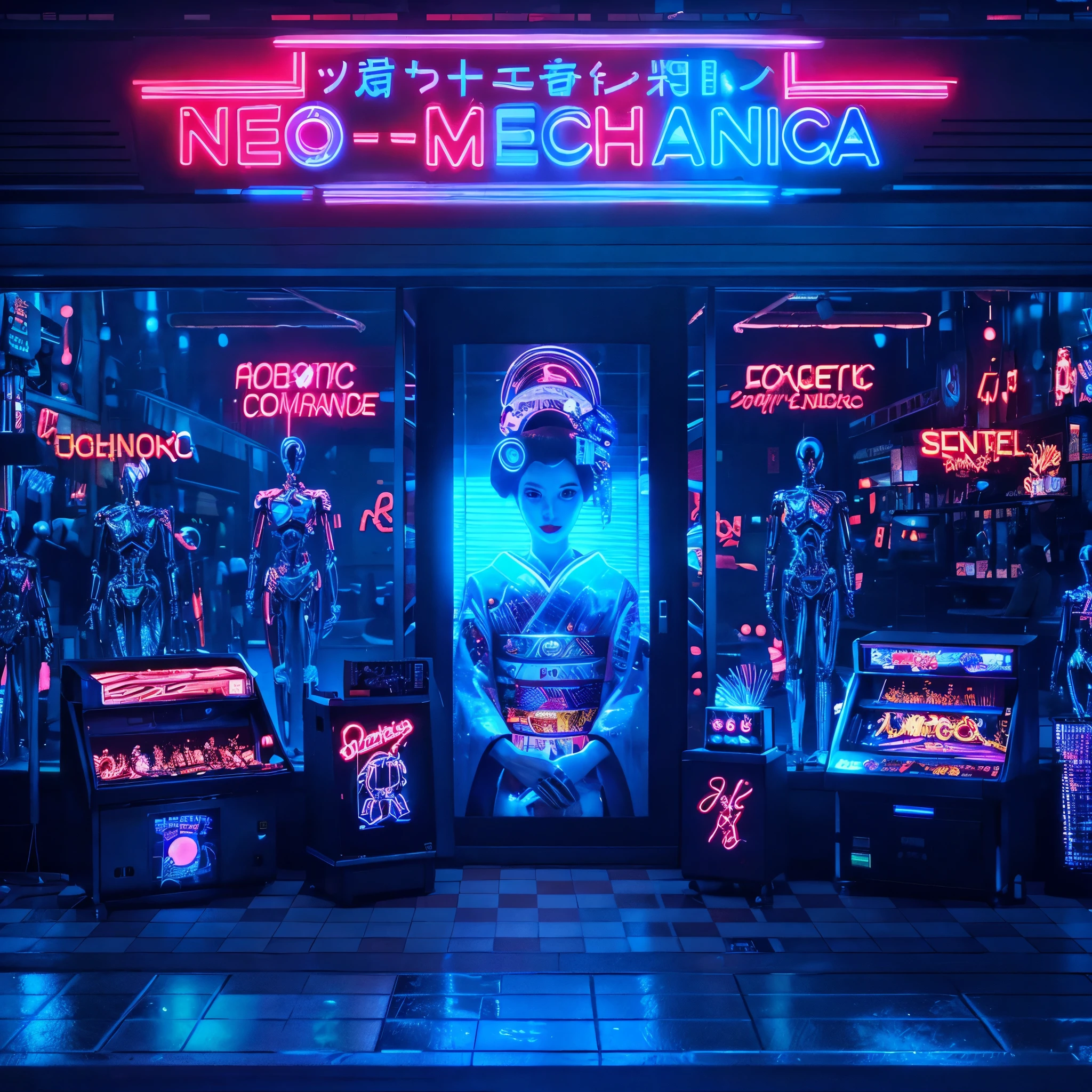 A neon-lit retrofuturistic street, Neo-Mechanica shop, robotic geisha mural, chrome mannequins, vintage arcade cabinets, robotic companions, checkerboard floor, robotic DJ, cybernetic humans and robots, cybernetic clerk, clanking metal, holographic price tags, digital voices, (best quality,4k,8k,highres,masterpiece:1.2),ultra-detailed,(realistic,photorealistic,photo-realistic:1.37),cyberpunk,synthwave,neon,chrome,holographic,pixelated,retro-futuristic,cinematic lighting