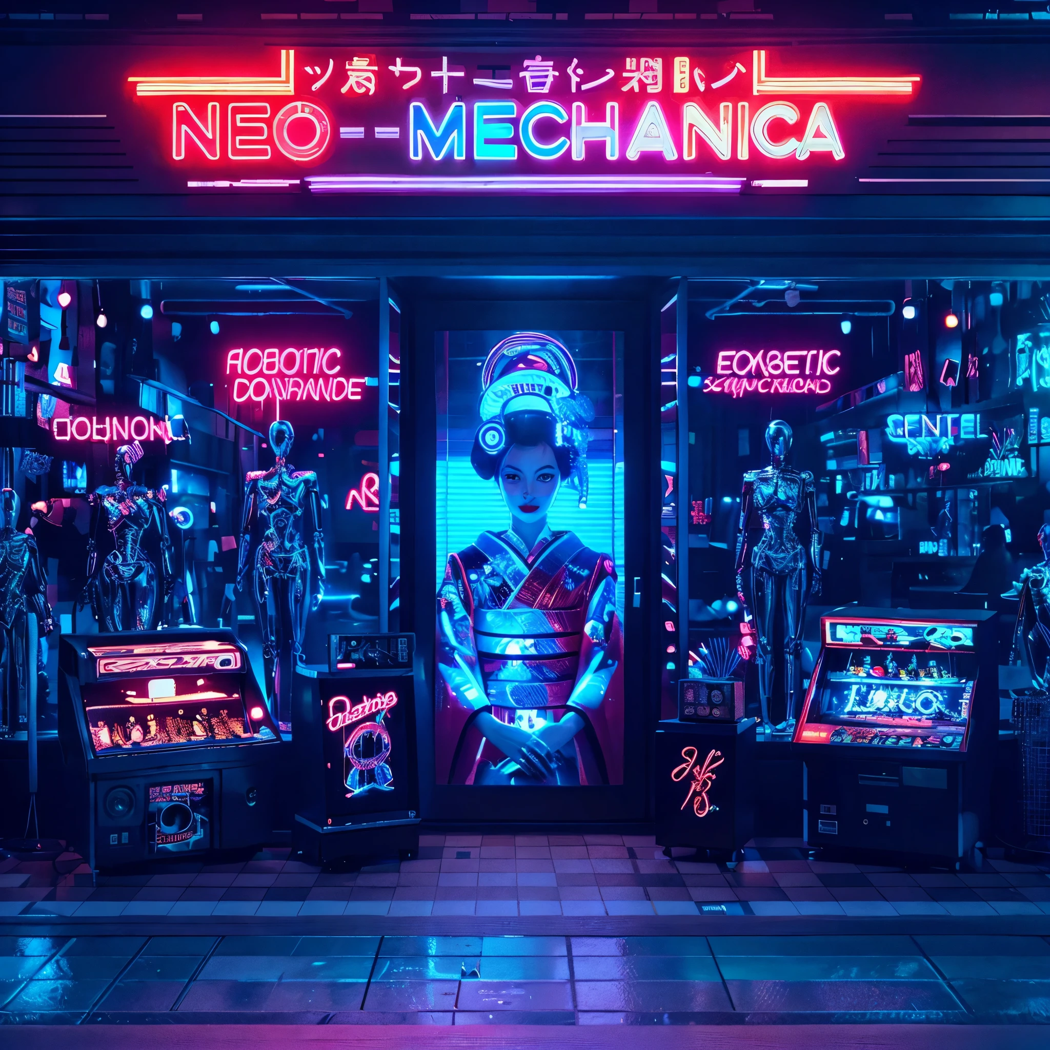 A neon-lit retrofuturistic street, Neo-Mechanica shop, robotic geisha mural, chrome mannequins, vintage arcade cabinets, robotic companions, checkerboard floor, robotic DJ, cybernetic humans and robots, cybernetic clerk, clanking metal, holographic price tags, digital voices, (best quality,4k,8k,highres,masterpiece:1.2),ultra-detailed,(realistic,photorealistic,photo-realistic:1.37),cyberpunk,synthwave,neon,chrome,holographic,pixelated,retro-futuristic,cinematic lighting