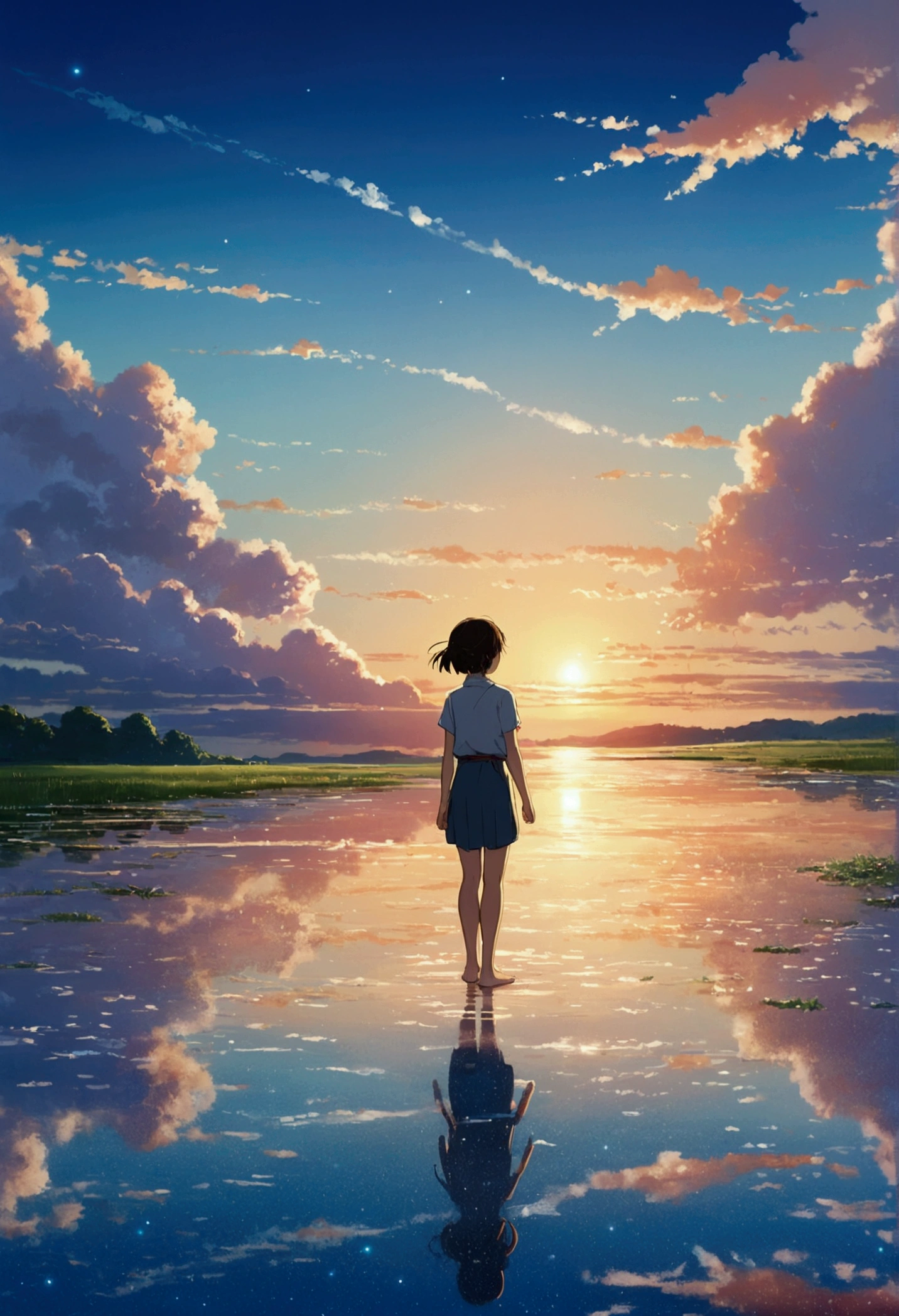 Makoto Shinkai Taste, Beautiful sky, Barefoot girl,Romantic Landscape, Healing scenes, hope, Makoto Shinkai Taste,Detailed Description, Sunset, A grand expanse,The sky sparkles like stars, Sublime, prayer,butterfly,